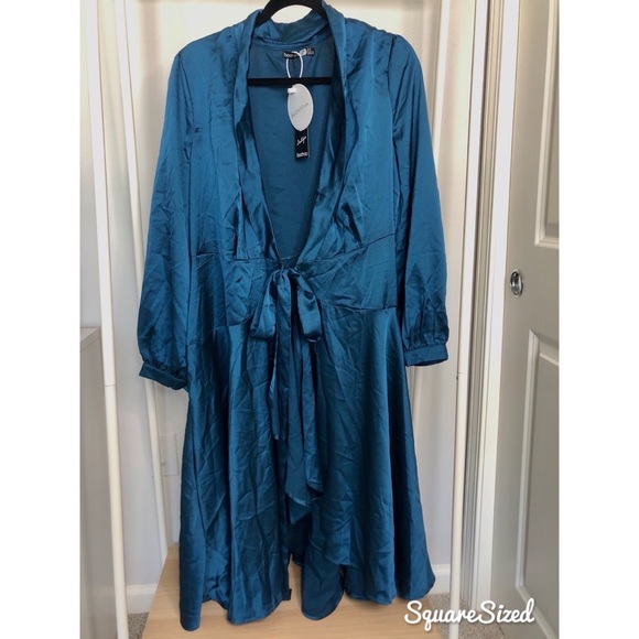 satin wrap detail midi skater dress